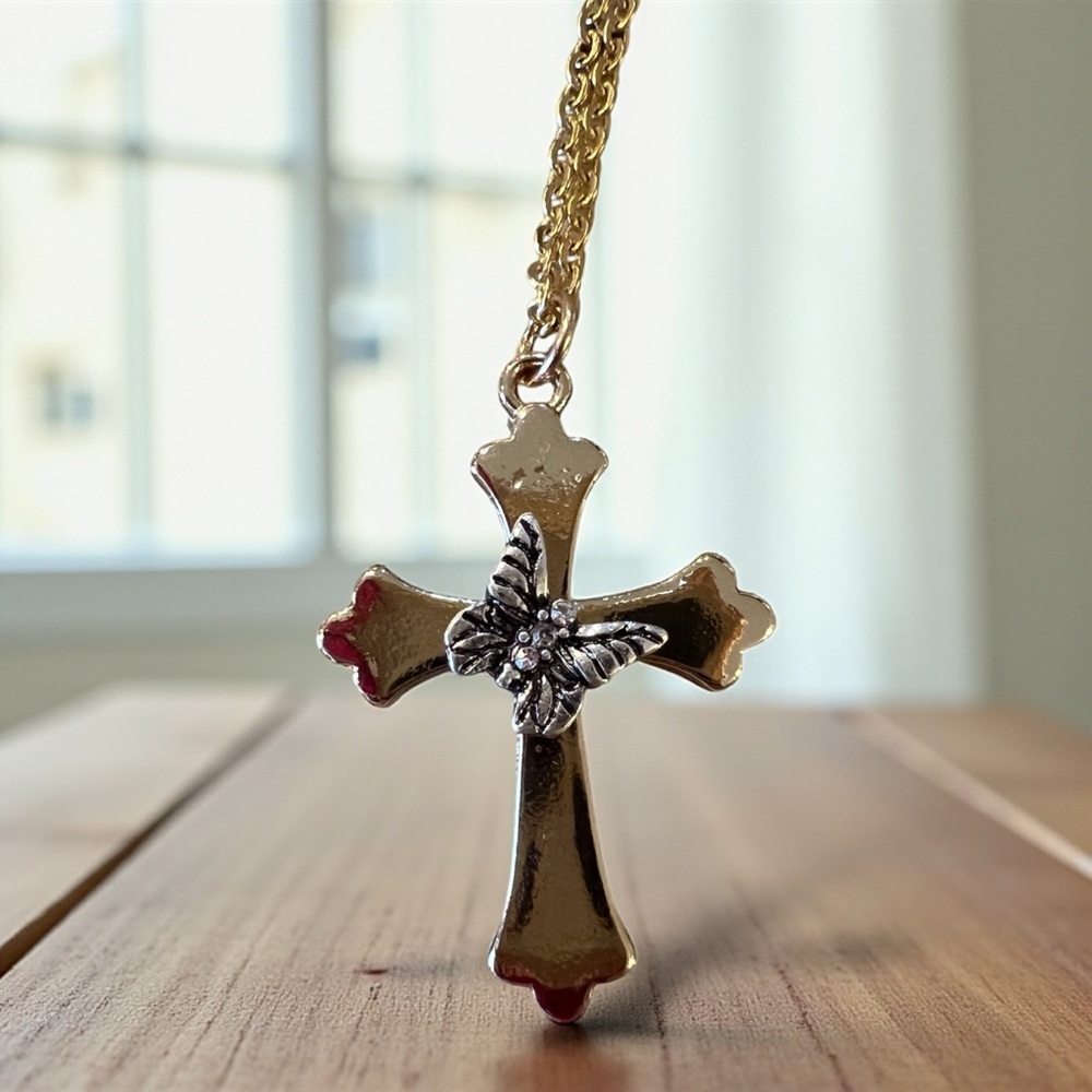 Gold and Silver Toned Cross and Butterfly Pendant Necklace - Picture 7 of 17